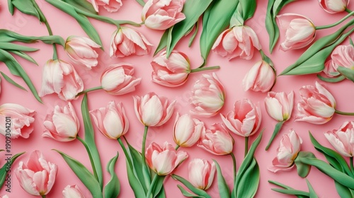 Captivating display of vibrant pink tulips artfully arranged on a smooth surface