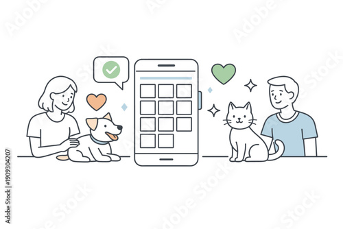 Interactive pet care app concept with young caucasian adults and pets