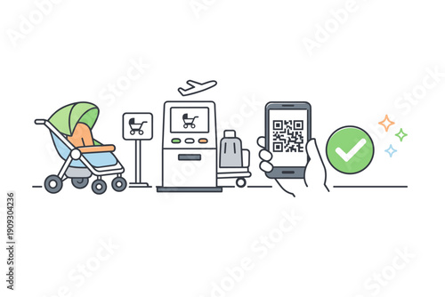 Digital airport check-in with smartphone qr code and luggage icon