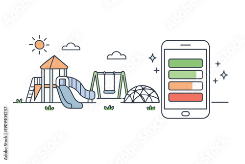 Smart playground with slide, swing, dome climber, and mobile safety app integration
