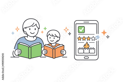 Father and child reading with smartphone education app and star rating