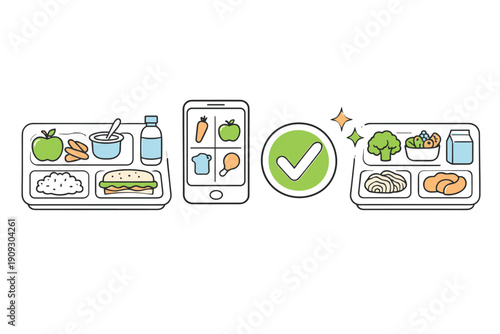 Illustrated healthy meal planning with balanced nutritional portions and food choices