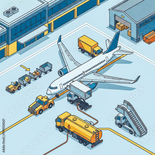 A detailed isometric vector illustration showing the process of airport ground services, including refueling, baggage loading, and passenger boarding. A concept for aviation, travel, and logistics.