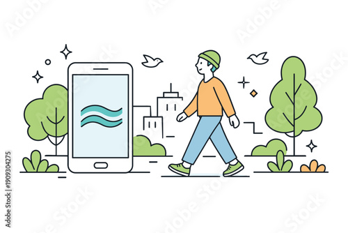 Cartoon of a young caucasian male walking outdoors with smartphone and nature elements