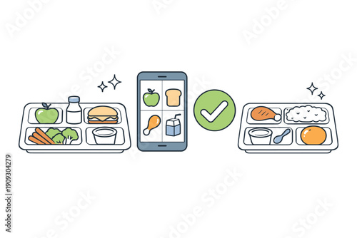 Illustrated school lunch trays and nutritional choices with app and healthy checkmark