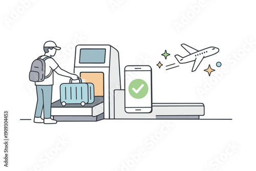 Male traveler at airport check-in with luggage scanning and flight departure icon