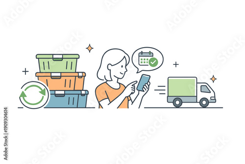 Female organizing storage and scheduling delivery with eco-focused app