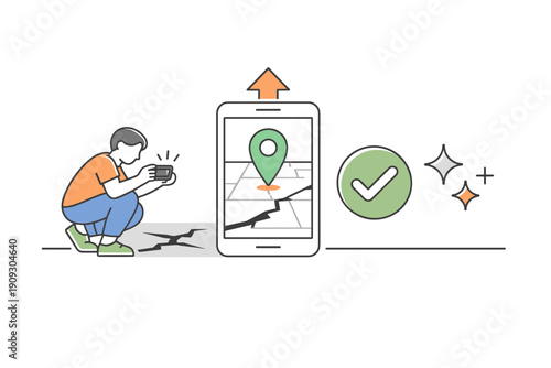 Male capturing earthquake damage with smartphone near gps map and checkmark icons