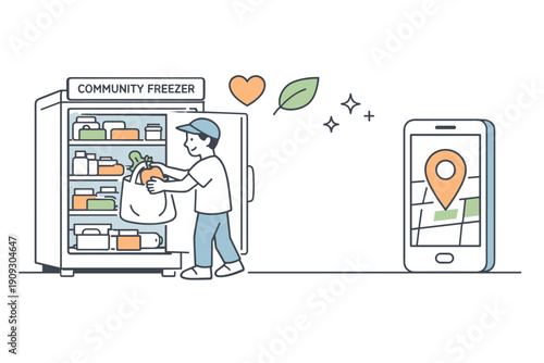 Community freezer with groceries and mobile app for location guidance