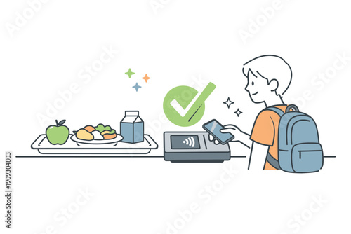 Teen using smartphone for contactless payment in cafeteria setting