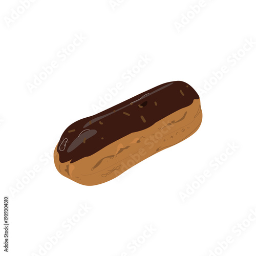 Eclair pastry. French dessert, long patisserie with custard cream filling, coated in chocolate glaze, dripping icing. Sweet sugar food. Flat vector illustration isolated on white background.