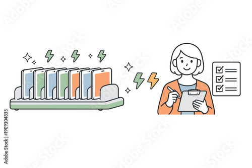 Young asian female manager managing smartphone charging station illustration