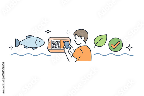 Young caucasian male scans qr code for sustainable seafood information
