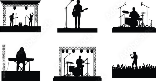 Live music stage silhouettes illustration, guitarists, drummers, keyboardist, singers with microphones, concert crowd artwork, truss lighting performance, entertainment concept