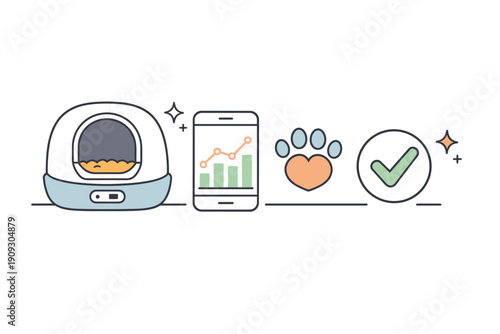 Smart pet care: automated feeder, mobile monitoring, heart, paw, checkmark