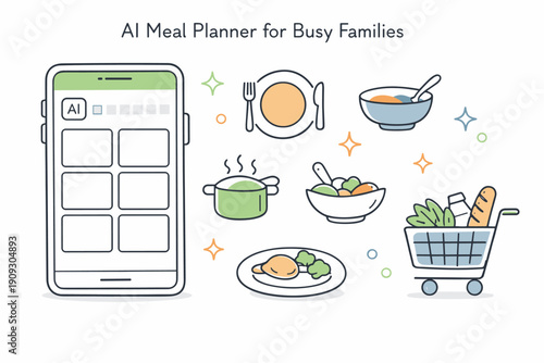 Ai meal planner with smartphone interface and food icons for busy families