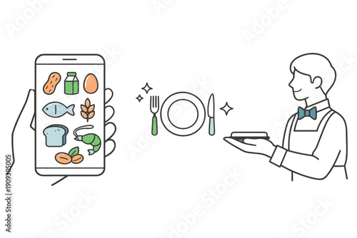 Interactive food ordering concept with smartphone and male waiter