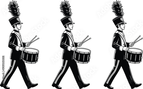 Marching band drummer silhouettes illustration, musician in traditional uniform with plume hat, synchronized snare drum performance, parade ensemble artwork, ceremonial concept