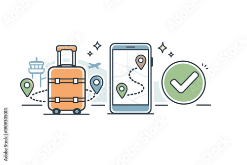 Travel planning: luggage, mobile navigation, and airport check-in illustration