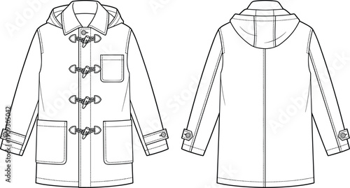 Duffle coat technical fashion flat sketch, front and back view, toggle closure jacket, vector illustration template for apparel design.