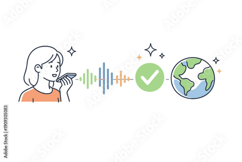 Female using voice command for global search illustration with sound waves and checkmark