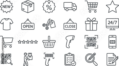 E-commerce, Shopping and Retail Icon Set: Online Store, Delivery, Discount, Payment, Order Tracking, QR Code, Open-Close Time, Customer Service, New Product