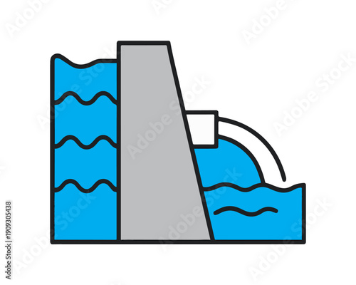 Hydroelectric Dam Icon Illustration with Water Flow and Reservoir