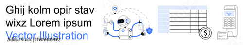 Automation, AI applications, technology processes, financial data, secure transactions, digital tools. A robotic system surrounded by connectivity icons, a table and payment device. Automation
