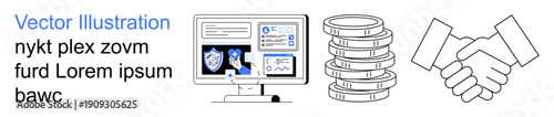 Digital security, financial technology, business partnerships, online data management, secure transactions, collaboration. Computer monitor with shield icons, stack of coins handshake. Digital