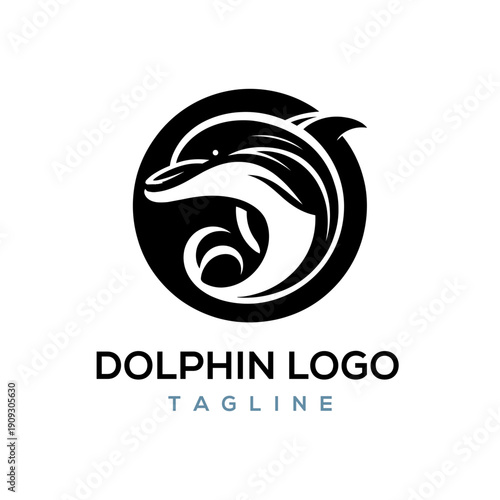 Modern minimalist dolphin logo vector template featuring circular swimming design for marine conservation and water sports branding identity.