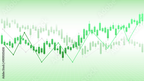 Green financial chart with candlestick patterns and upward trend lines on grid background