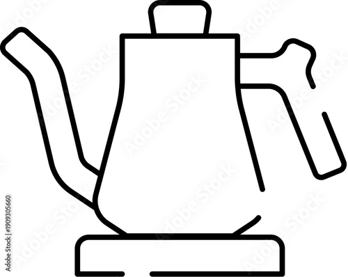 Gooseneck electric kettle icon in minimalist line style, representing modern coffee and tea brewing, pour over preparation, kitchen appliance and user interface symbol for cafes and home use