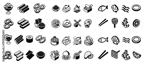 Black and white sushi icons collection