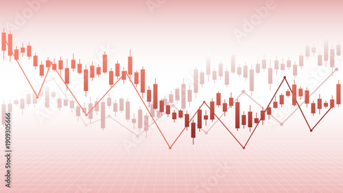 Financial chart with red candlesticks and line graph on grid background, illustrating market trends