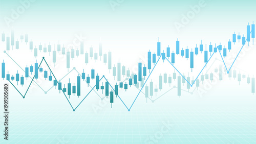 Financial chart with upward trend lines and candlestick patterns on grid background