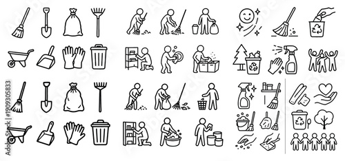 Outline icons of garden and cleaning activities