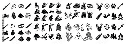 Hunting and camping icons set in black silhouette