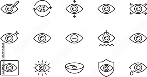 Eye Care and Ophthalmology Outline Icons Set, Including Vision Check, Contact Lens, Shield, Correction, Surgery, Crying, and Optical Health Vector Stock Illustration
