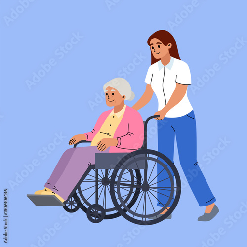 Caregiver assisting elderly woman in wheelchair. Flat vector illustration of a young female caregiver helping an elderly woman in a wheelchair. Concept of senior care, medical assistance, social suppo