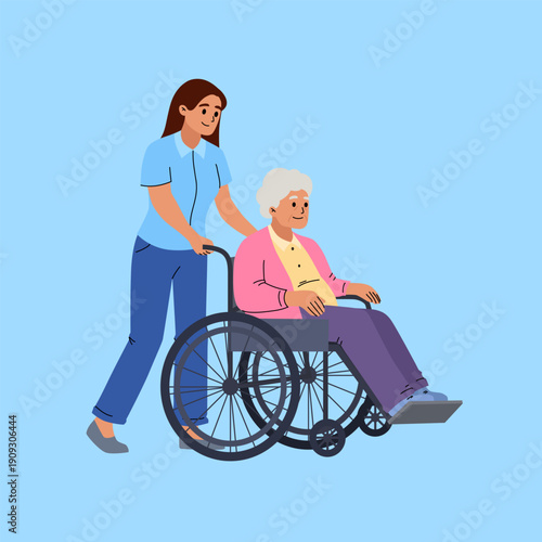 Caregiver assisting elderly woman in wheelchair. Flat vector illustration of a young female caregiver helping an elderly woman in a wheelchair. Concept of senior care, medical assistance, social suppo
