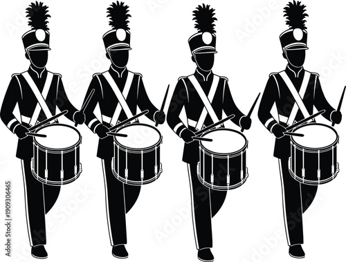 Marching band drummers silhouettes illustration, musicians in traditional uniforms with plume hats, synchronized snare drum performance, parade music ensemble, ceremonial stage concept