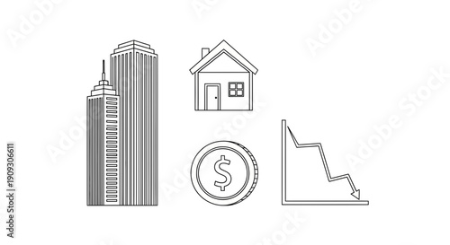 Real Estate Market Downturn: Icons of Skyscraper, House, Coin, and Falling Graph