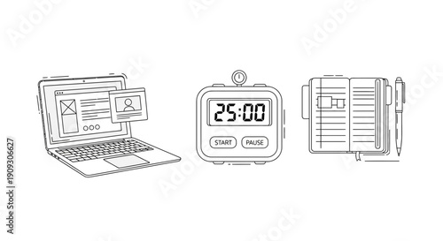 Productivity concept: laptop, timer, notebook and pen on white background