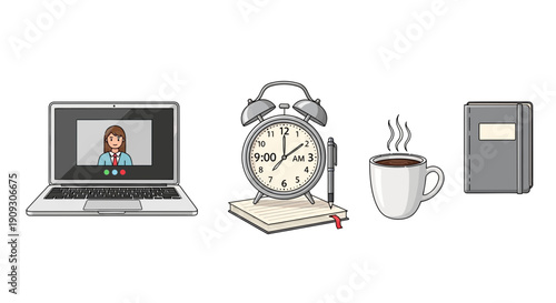 Remote Work Essentials: Laptop, Alarm Clock, Coffee, Notebook for Productivity and Time Management