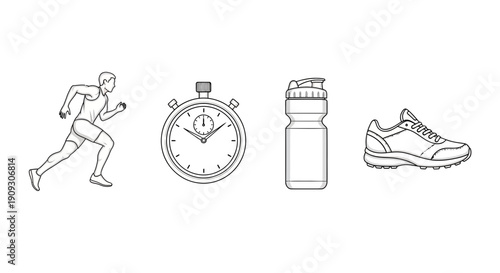 Running Man, Stopwatch, Water Bottle, and Sneaker Icon Set - Sports and Fitness Concept