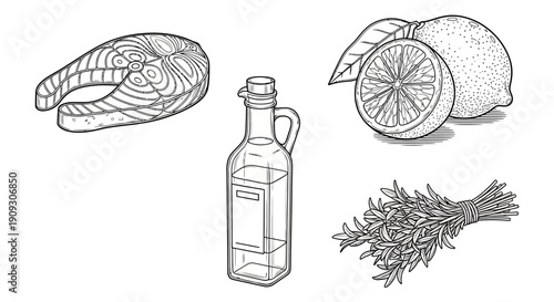 Salmon Steak, Lemon, Rosemary, and Olive Oil Ingredients for Cooking