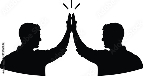 Two business people high five silhouette symbolizing teamwork success and partnership isolated on white background