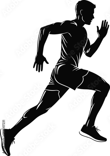 Running man silhouette illustration, athletic sprint pose, fitness training concept, black vector design