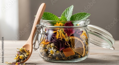 Authentic Herbal Tea Blends in Glass Jar with Fresh Ingredients