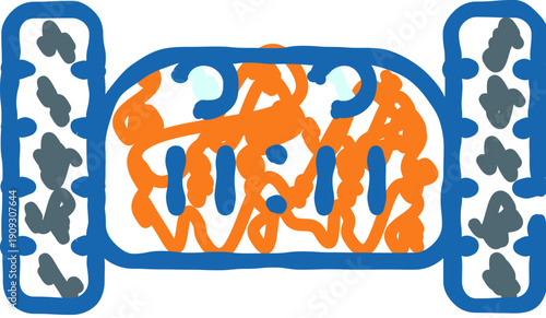 Digital alarm clock doodle in minimal outline, blue and orange on white background, symbolizing punctuality, morning routine, scheduling, reminders and efficient time management